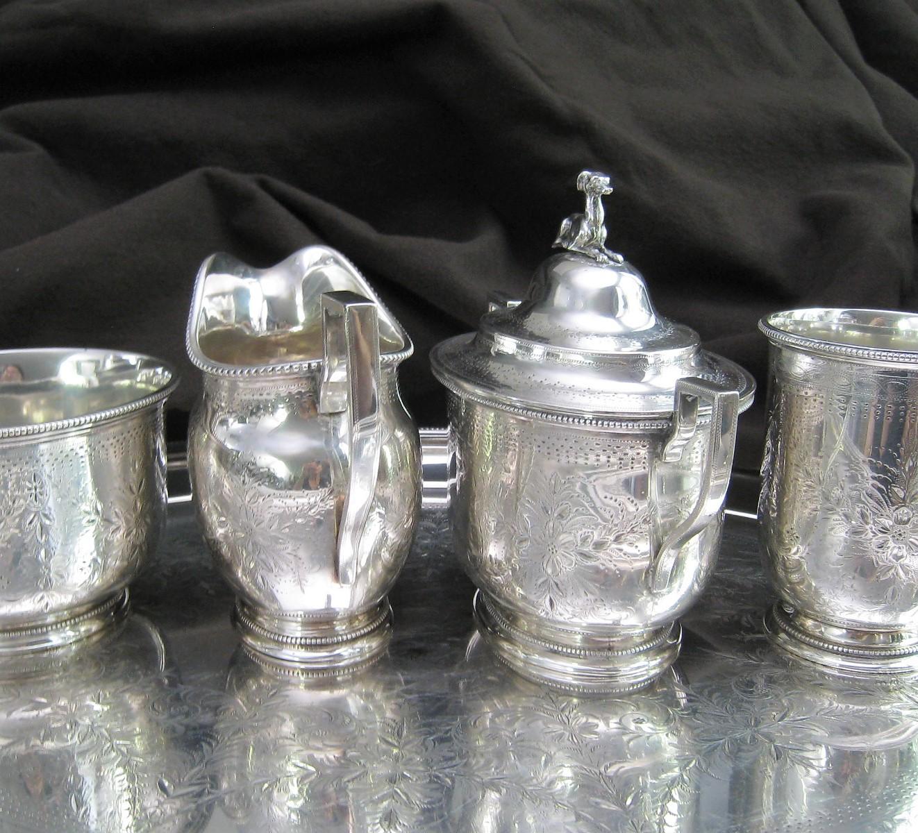 Seven-Piece Rogers & Wendt Coin Silver Tea Set Plus Tray Greyhound Dog Finials For Sale 5