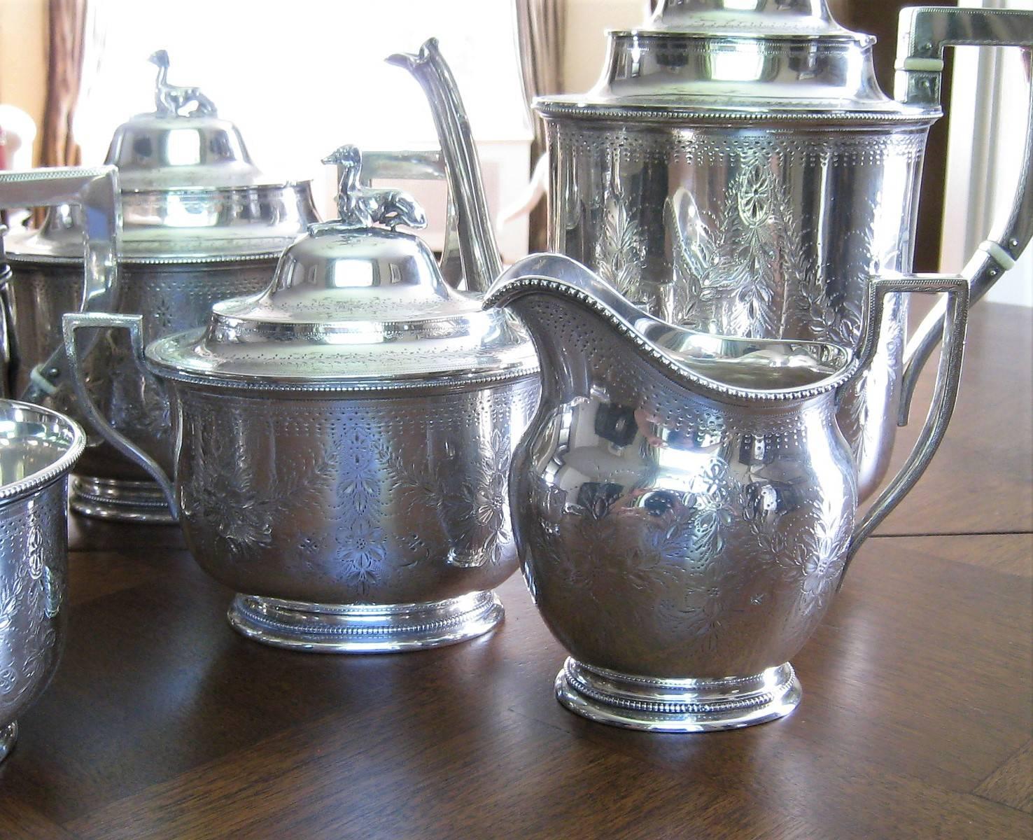 Seven-Piece Rogers & Wendt Coin Silver Tea Set Plus Tray Greyhound Dog Finials For Sale 7