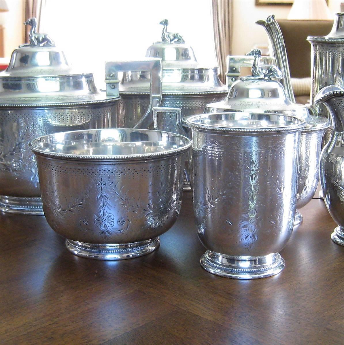 Seven-Piece Rogers & Wendt Coin Silver Tea Set Plus Tray Greyhound Dog Finials For Sale 8