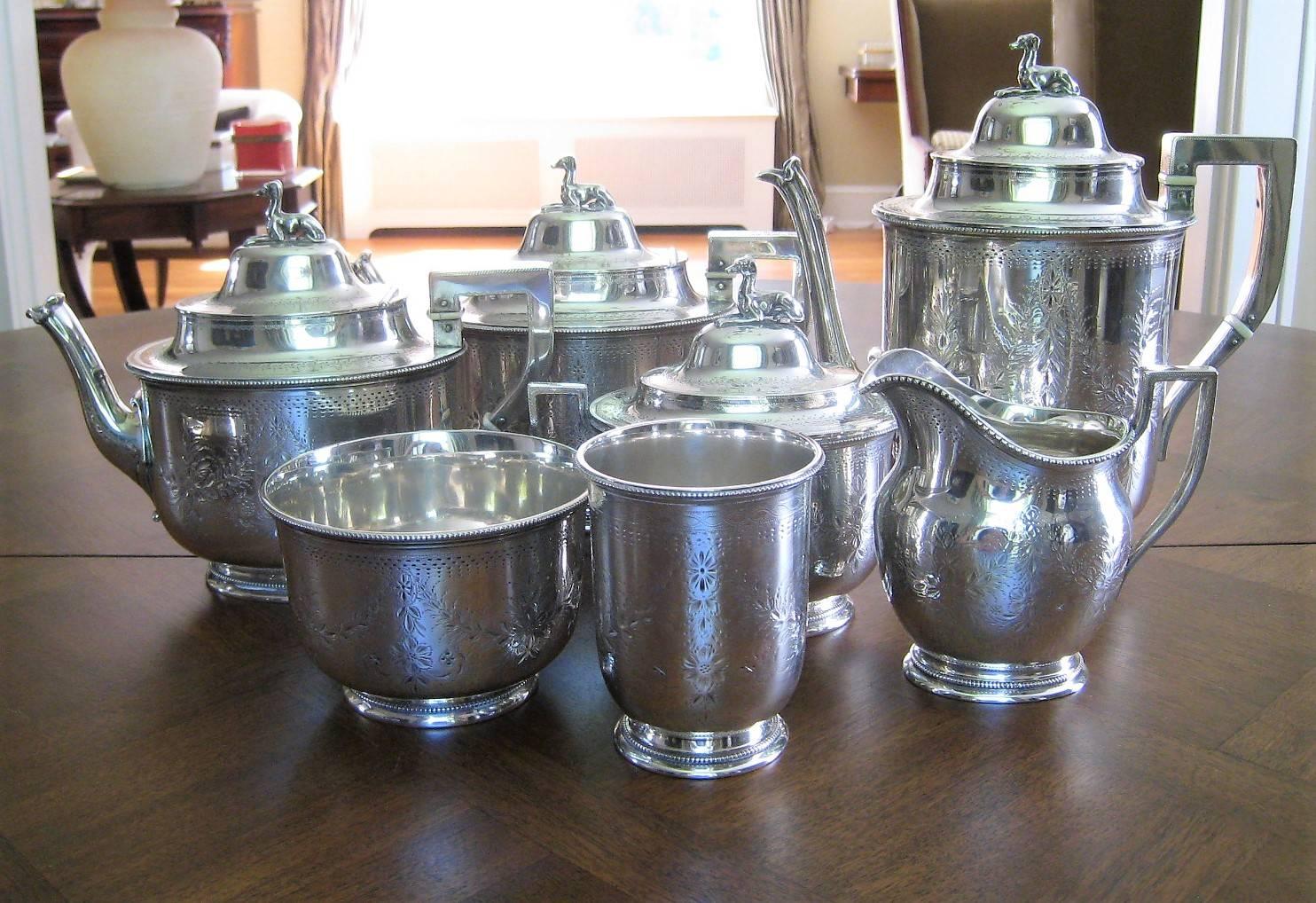 Seven-Piece Rogers & Wendt Coin Silver Tea Set Plus Tray Greyhound Dog Finials For Sale 11