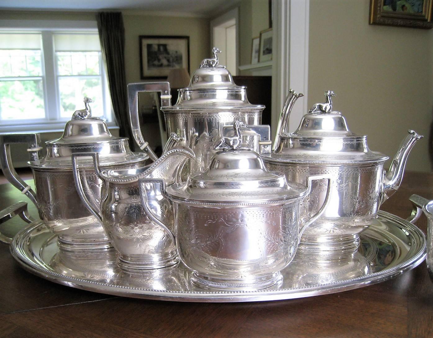 Seven-Piece Rogers & Wendt Coin Silver Tea Set Plus Tray Greyhound Dog Finials For Sale 12
