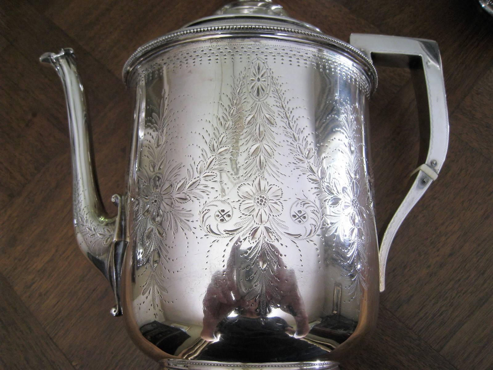 Seven-Piece Rogers & Wendt Coin Silver Tea Set Plus Tray Greyhound Dog Finials In Good Condition For Sale In Newtown, CT