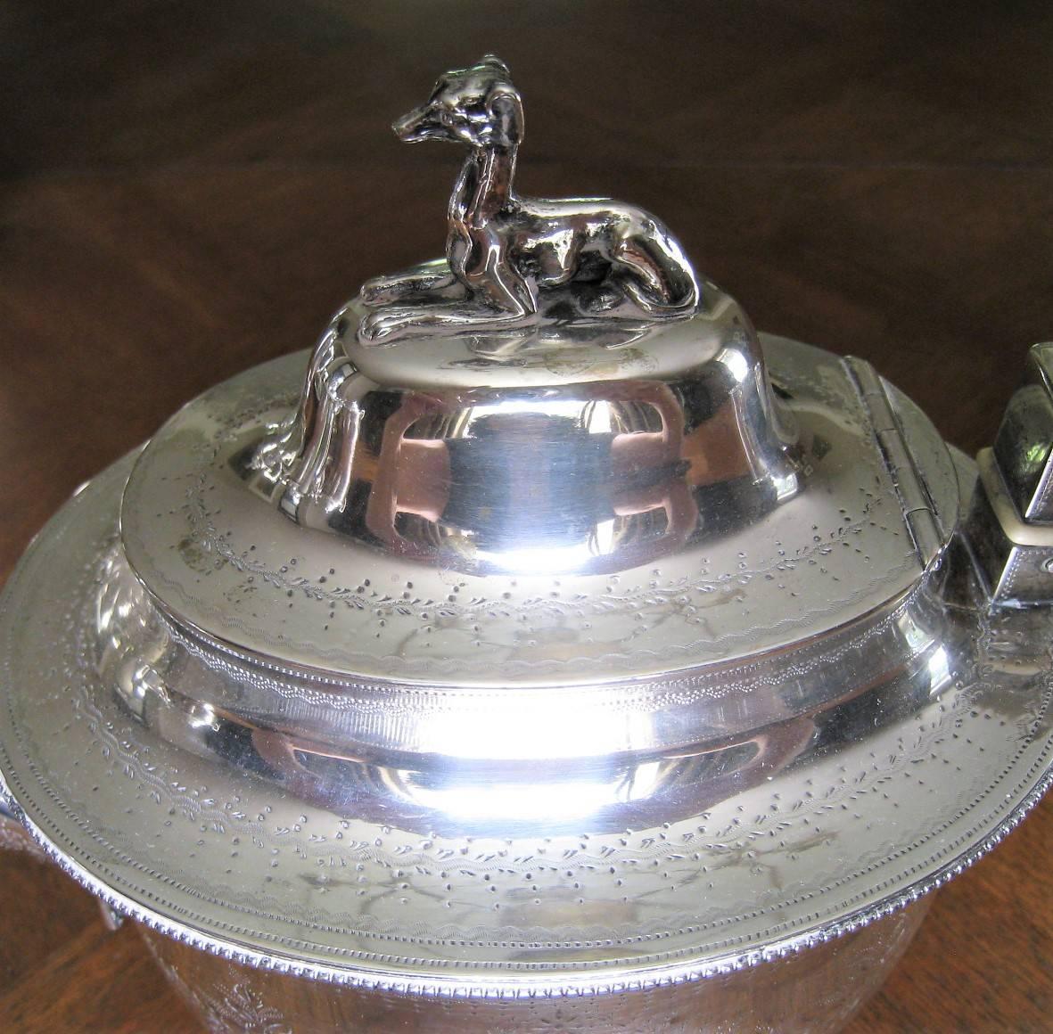 Mid-19th Century Seven-Piece Rogers & Wendt Coin Silver Tea Set Plus Tray Greyhound Dog Finials For Sale