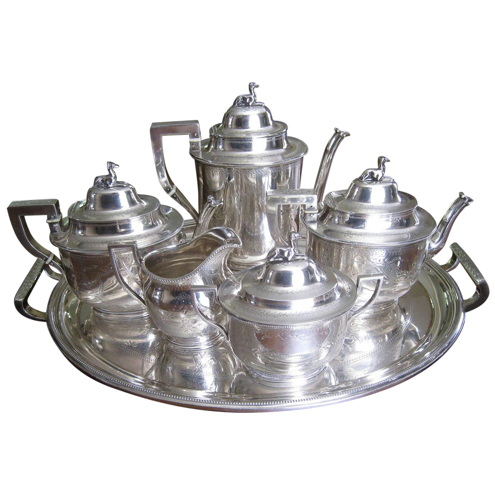 Seven-Piece Rogers & Wendt Coin Silver Tea Set Plus Tray Greyhound Dog Finials For Sale