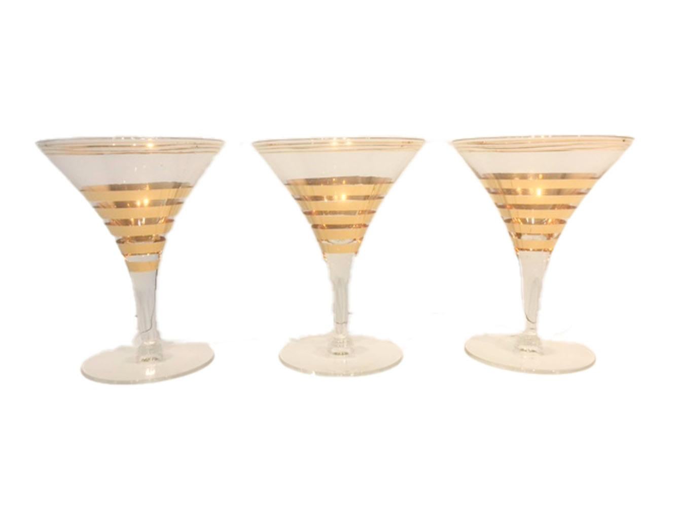 Art Deco Seven Piece Vintage Gold Band Martini Set, Cocktail Shaker and 6 Stemmed Glasses