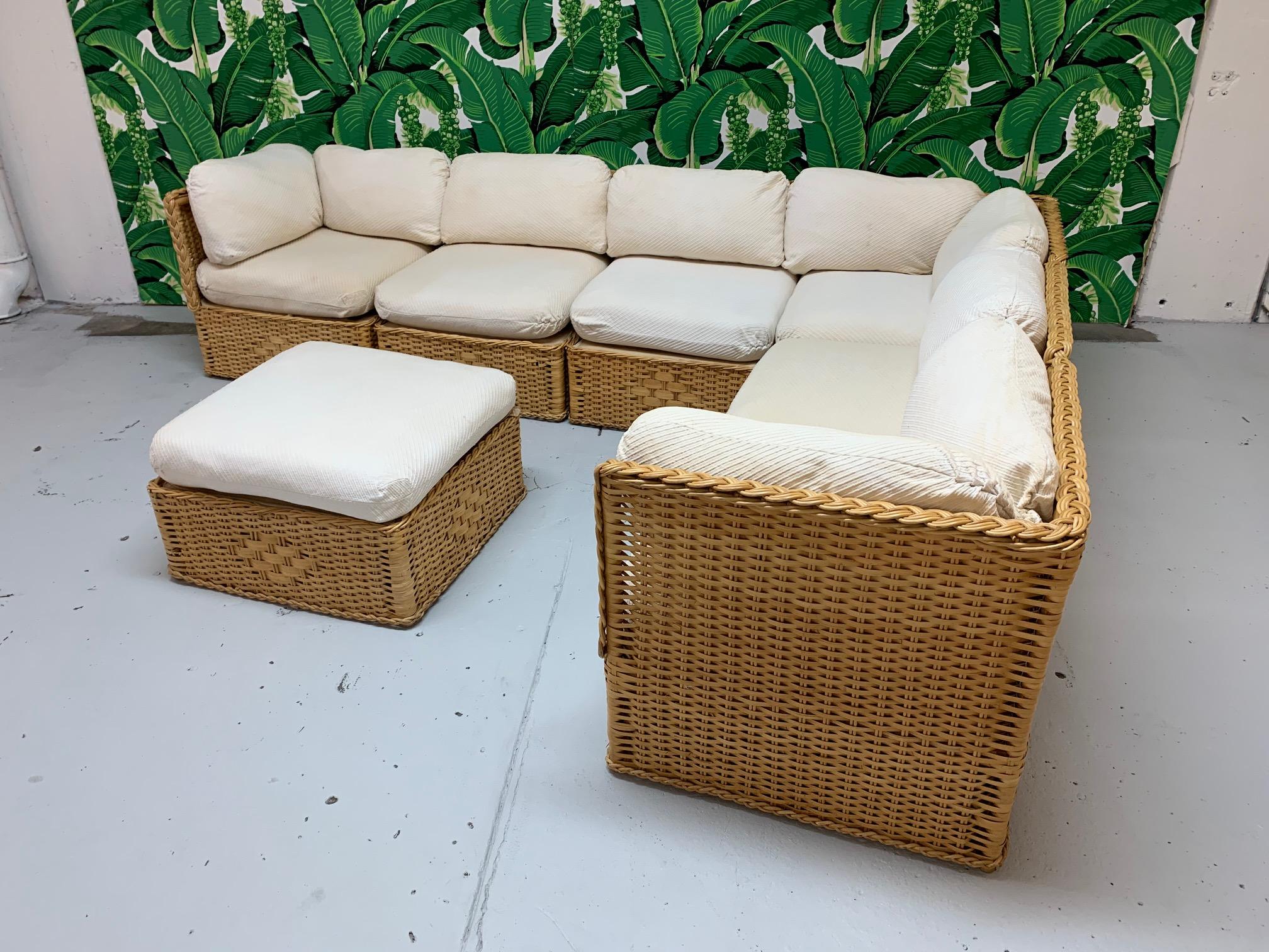 Seven Piece Wicker Sectional Sofa in the Manner of Michael Taylor 3