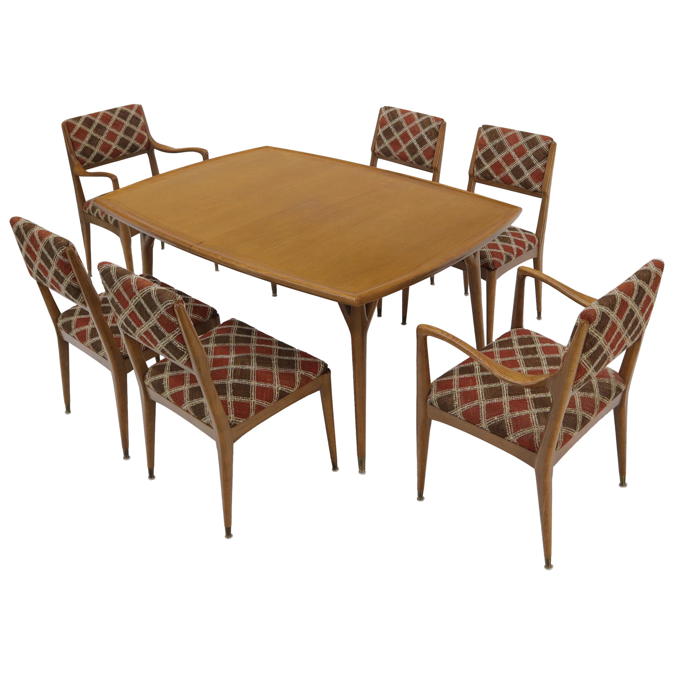 Comedor Siete Piezas Roble Cerusado, atribuido Paul Laszlo, 2 Tableros Extensibles