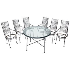 Seven Pieces Outdoor Set of Six Armchairs Glass Top Table, Salterini Attributed