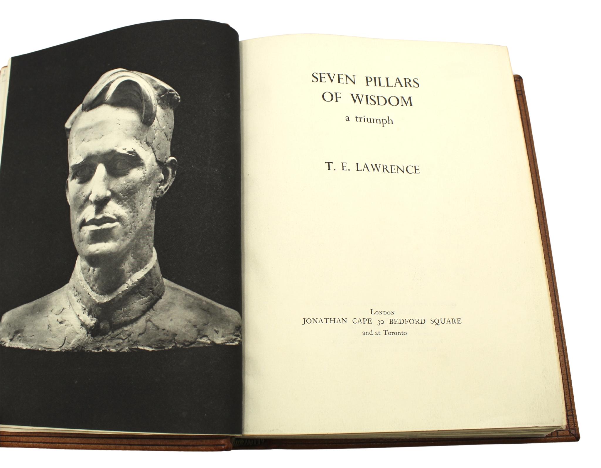 Lawrence, T. E. Seven Pillars of Wisdom, A Triumph. London: Jonathan Cape, (1935). First Trade Edition. Quarto. Illustrated, Bound in full brown leather, silver and black embossed illustration to the front cover, top edges gilt. Presented with a