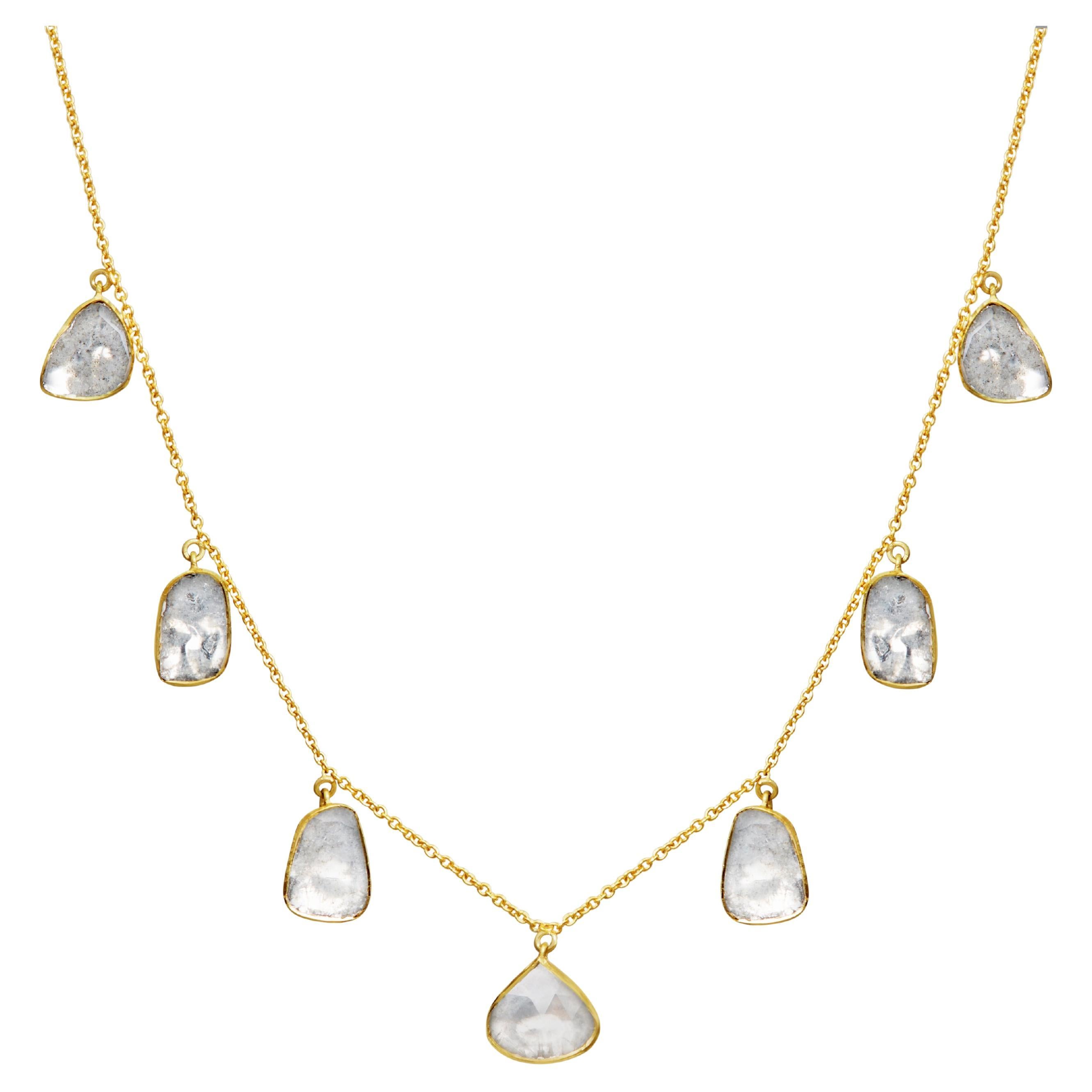 Seven Polki Diamonds Set In 18kt Gold And Hanging Along An 17" Chain For Sale