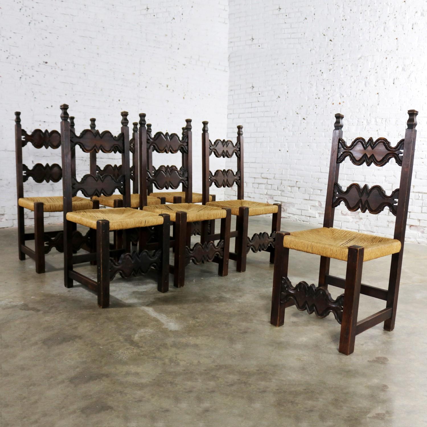 20th Century Seven Revival Style Dining Chairs Rush Seats Artes De Mexico Internacionales