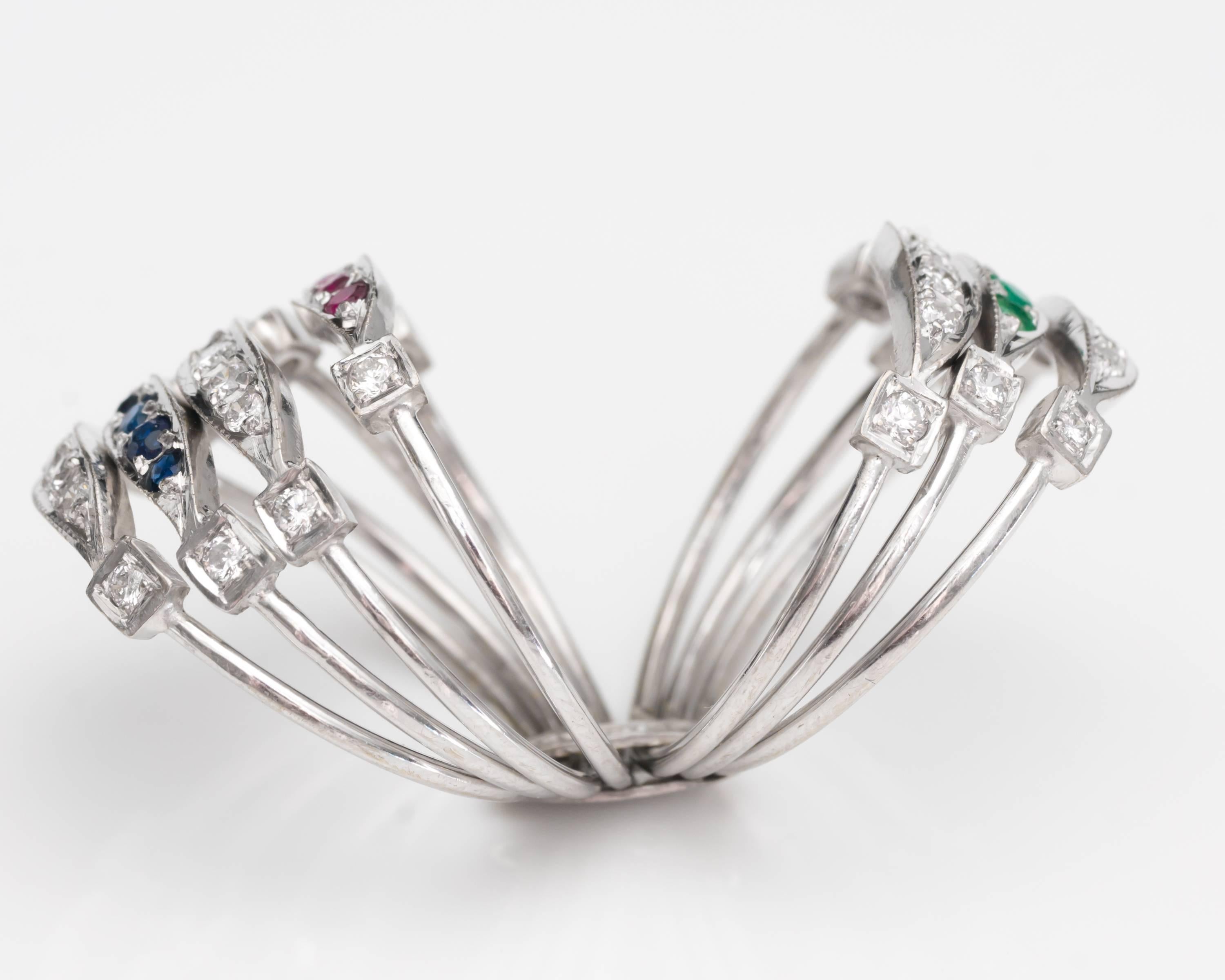 Modern Seven-Ring Stack with Emerald, Ruby, Sapphire, Diamond and 14 Karat White Gold