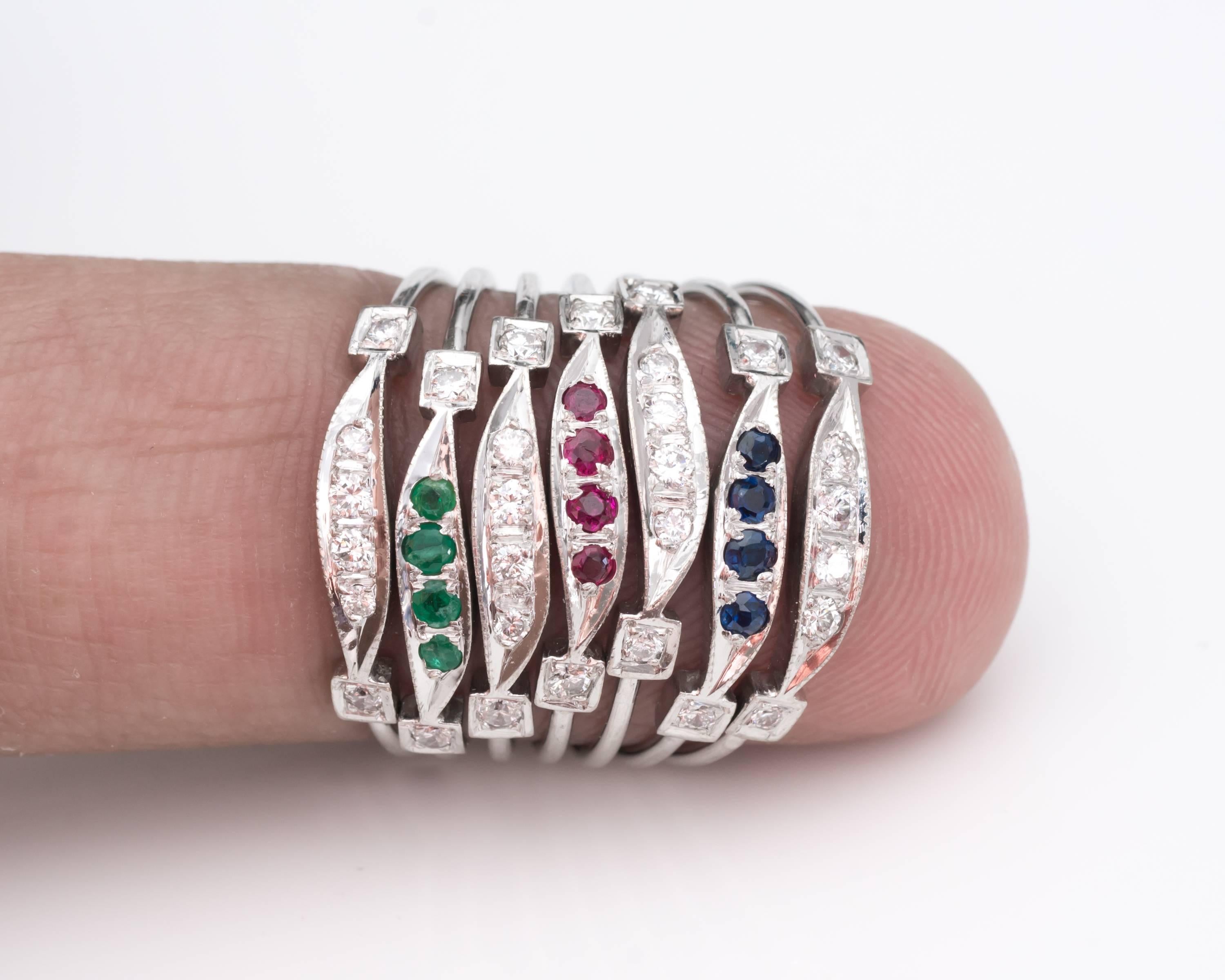 Round Cut Seven-Ring Stack with Emerald, Ruby, Sapphire, Diamond and 14 Karat White Gold