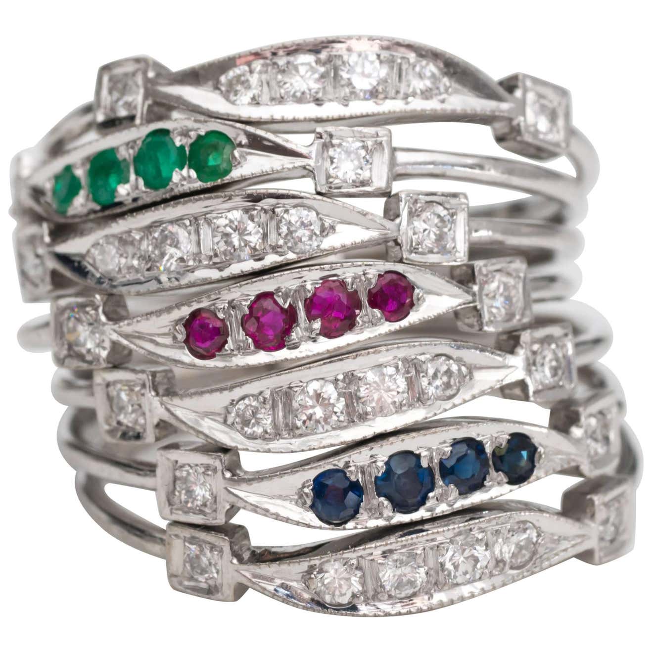 Seven-Ring Stack with Emerald, Ruby, Sapphire, Diamond and 14 Karat ...
