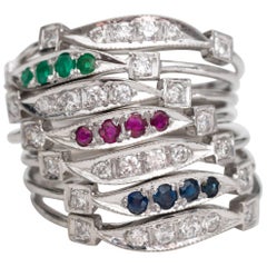 Seven-Ring Stack with Emerald, Ruby, Sapphire, Diamond and 14 Karat White Gold