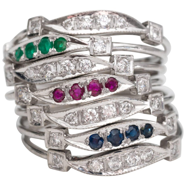 Seven-Ring Stack with Emerald, Ruby, Sapphire, Diamond and 14 Karat