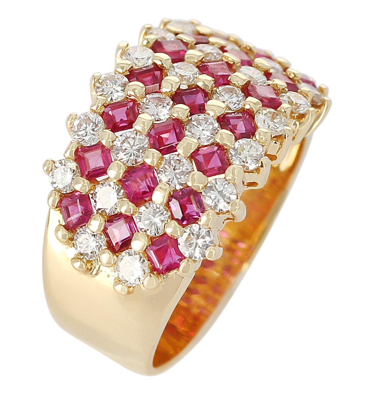 A Seven Row-Patterned Ruby and Diamond Ring in 18 Karat Yellow Gold. The diamond weight is 1.47 carats, and the weight of the rubies is 1.97 carats. Total Weight: 11.38 grams. Ring Size US 8.75.