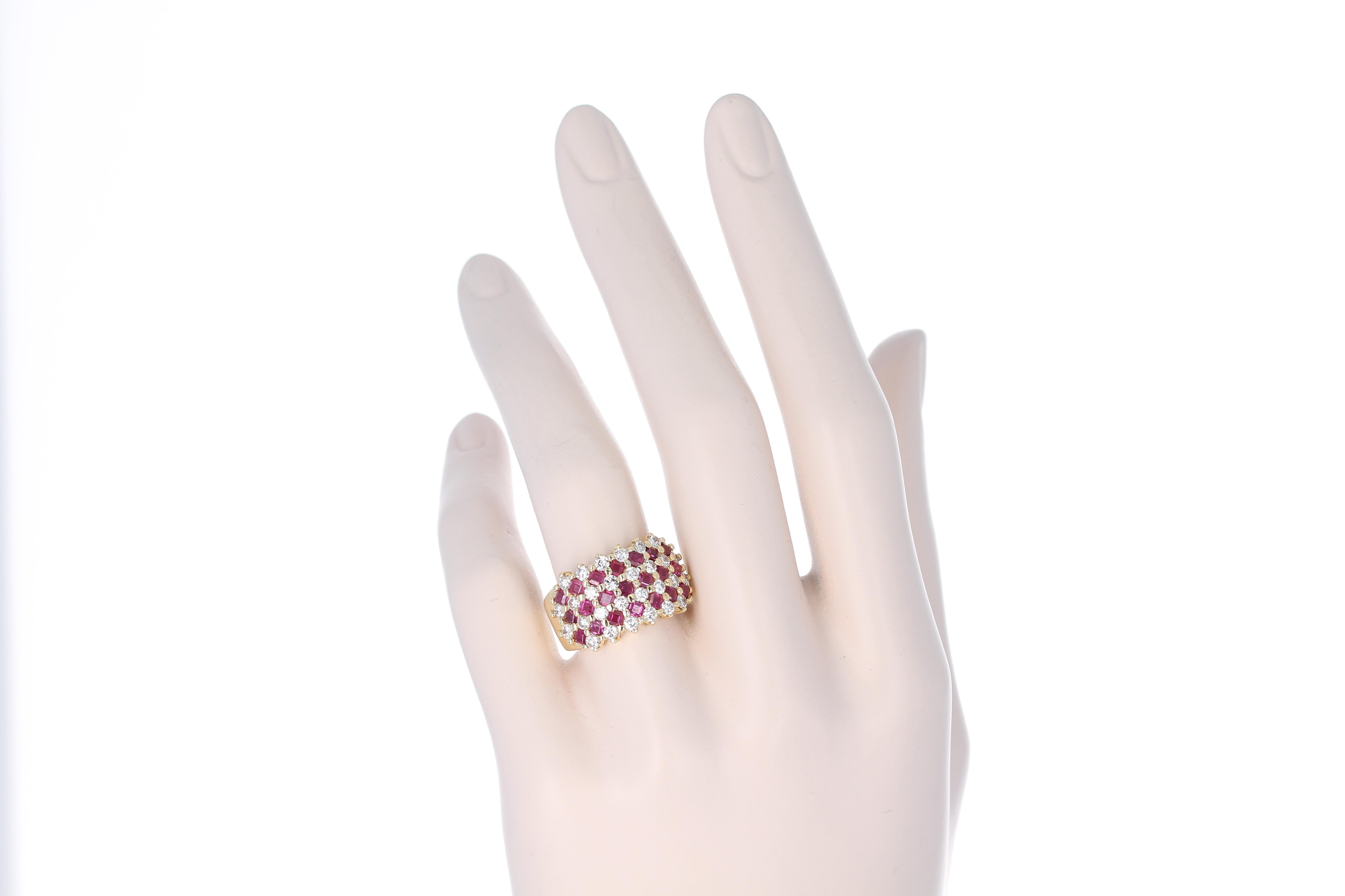 Round Cut Seven Row-Patterned Ruby and Diamond Ring, 18 Karat Yellow Gold For Sale