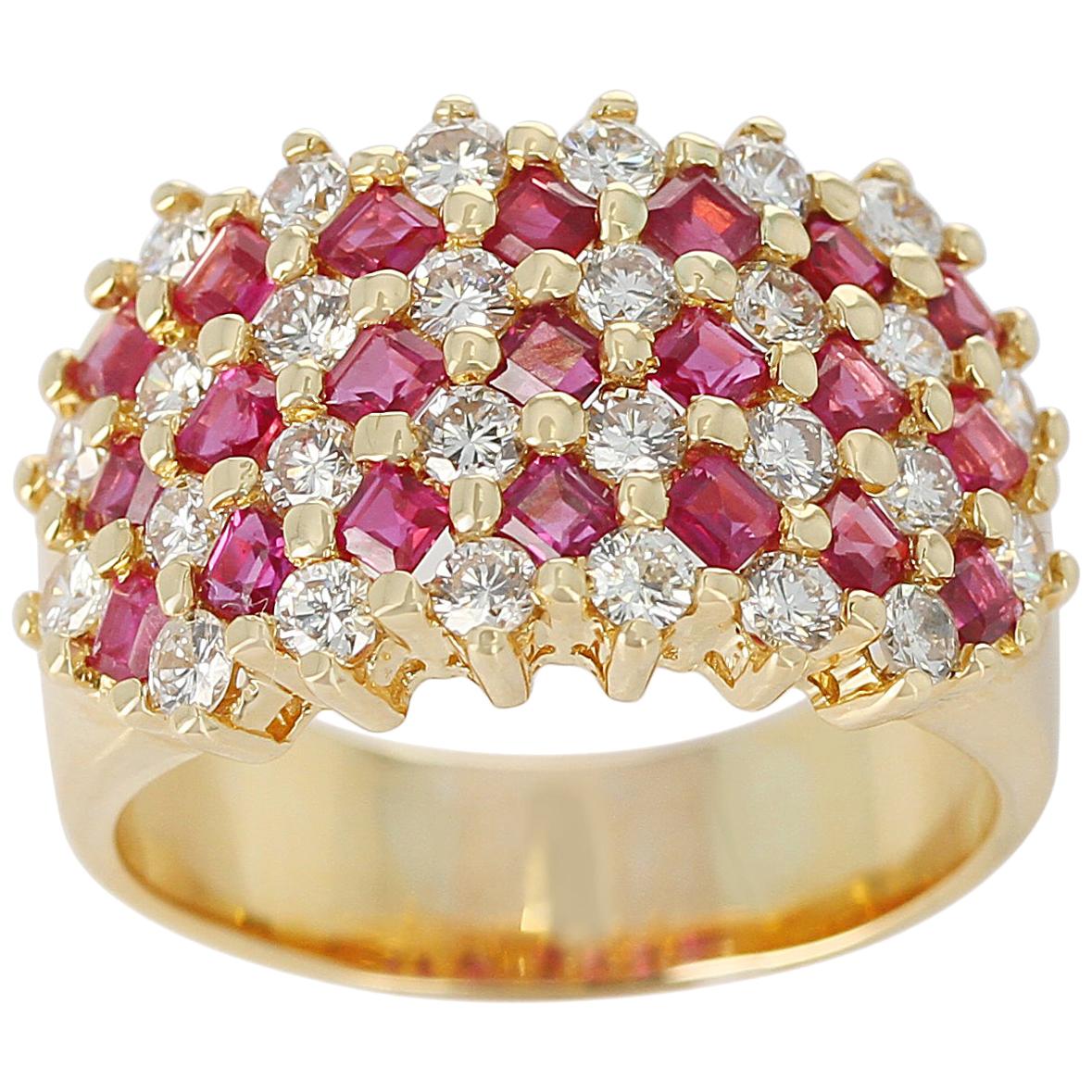 Seven Row-Patterned Ruby and Diamond Ring, 18 Karat Yellow Gold For Sale