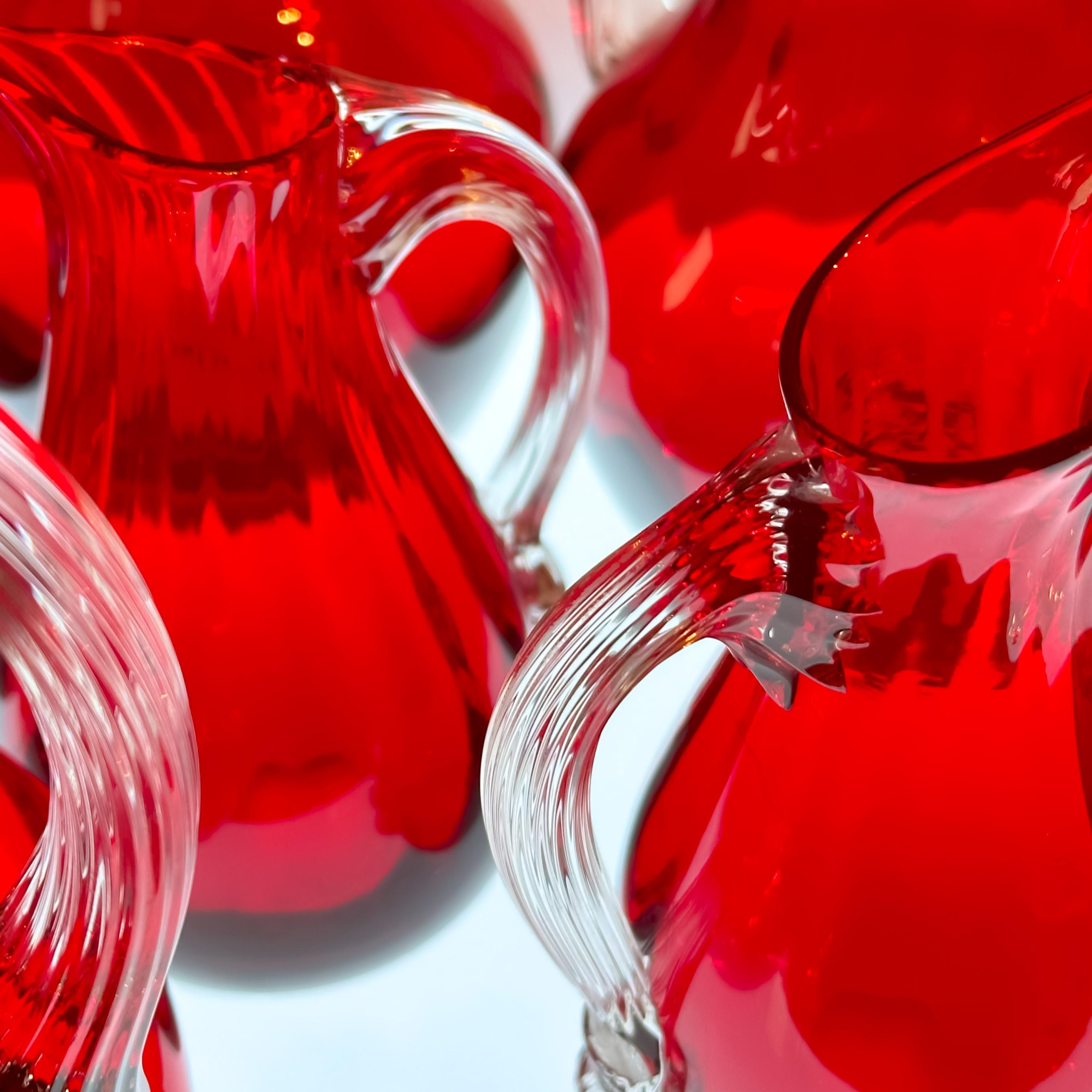 Mid-Century Modern Decorative Red Glass Jugs, Geoffrey Baxter Whitefriars c.1950s Set of Seven