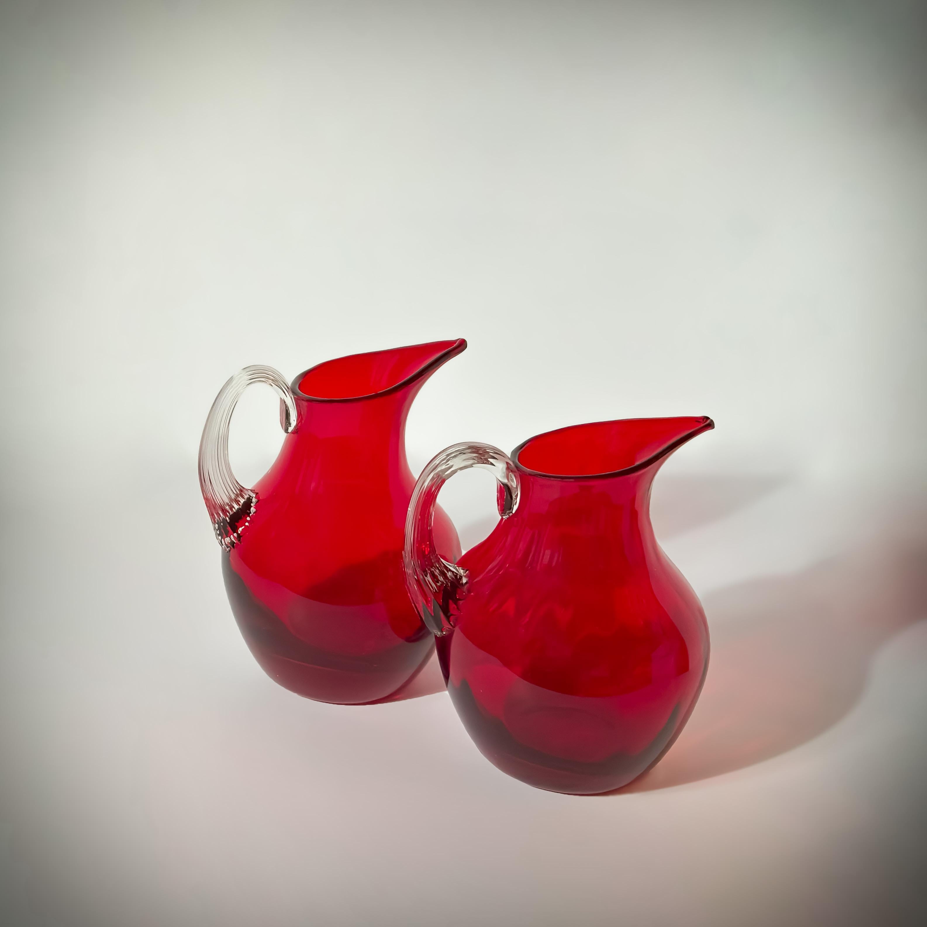 Decorative Red Glass Jugs, Geoffrey Baxter Whitefriars c.1950s Set of Seven In Good Condition In Glasgow, GB