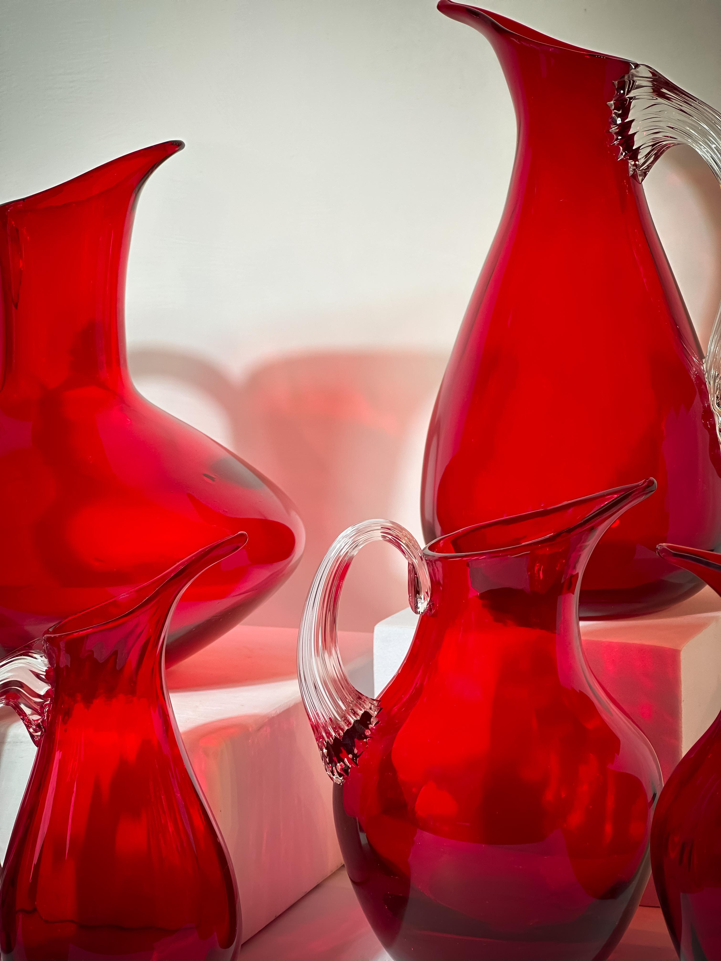 20th Century Decorative Red Glass Jugs, Geoffrey Baxter Whitefriars c.1950s Set of Seven