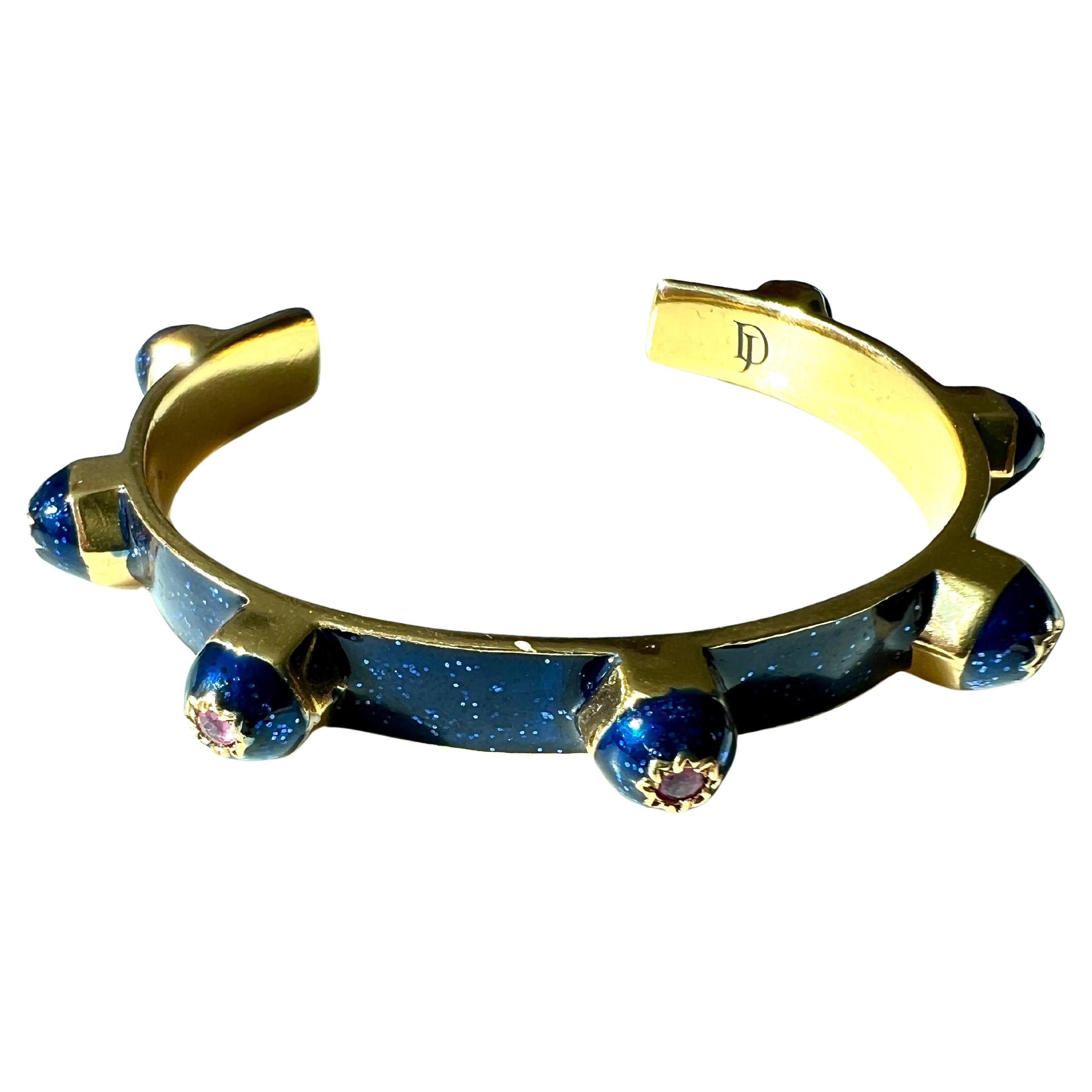 Victorien Bracelet manchette fantaisie en émail bleu avec rubis en vente