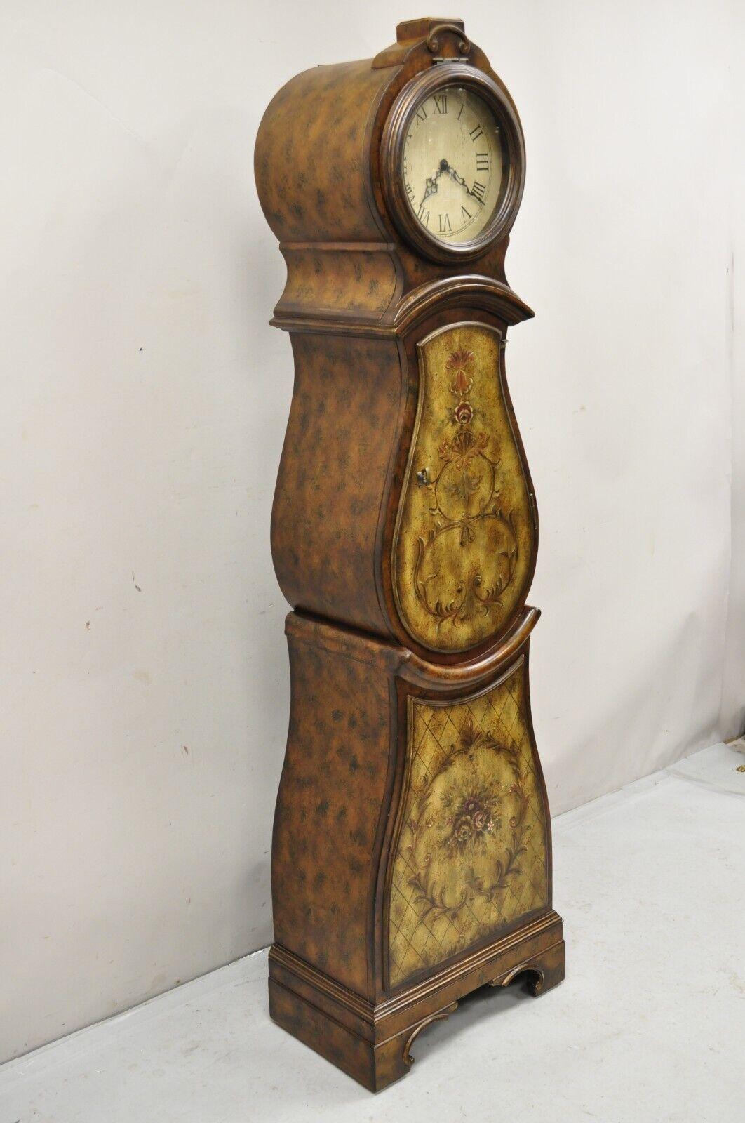 Seven Seas by Hooker Furniture Italian Mediterranean Style Grandfather Clock. Item features battery operated, original labels, floral painted case, very nice item. Circa 21st Century. Measurements: 74