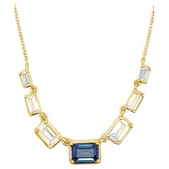 Seven Station Sapphire & White Topaz Baguette Bib Necklace in 14K Yellow Gold