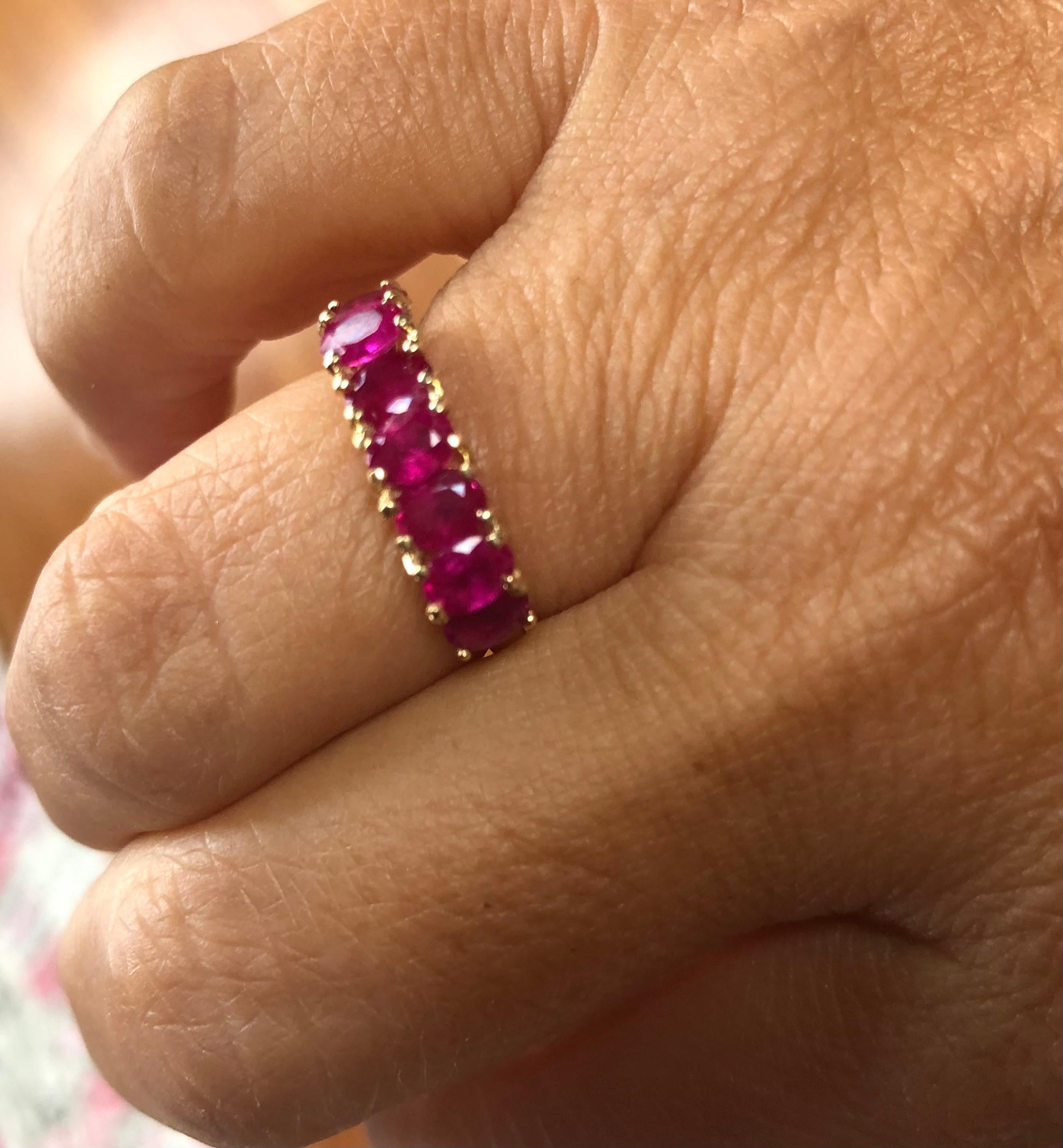 Seven-Stone Burmese Red Ruby Ring Yellow Gold 18K 3