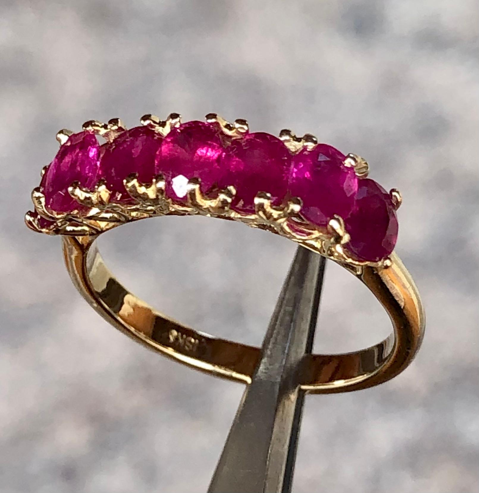 Seven-Stone Burmese Red Ruby Ring Yellow Gold 18K 8