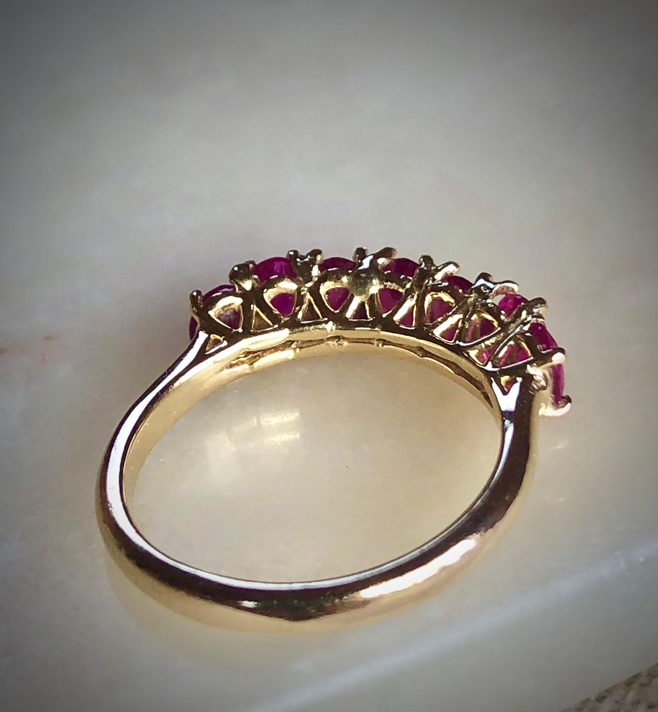 Seven-Stone Burmese Red Ruby Ring Yellow Gold 18K 9