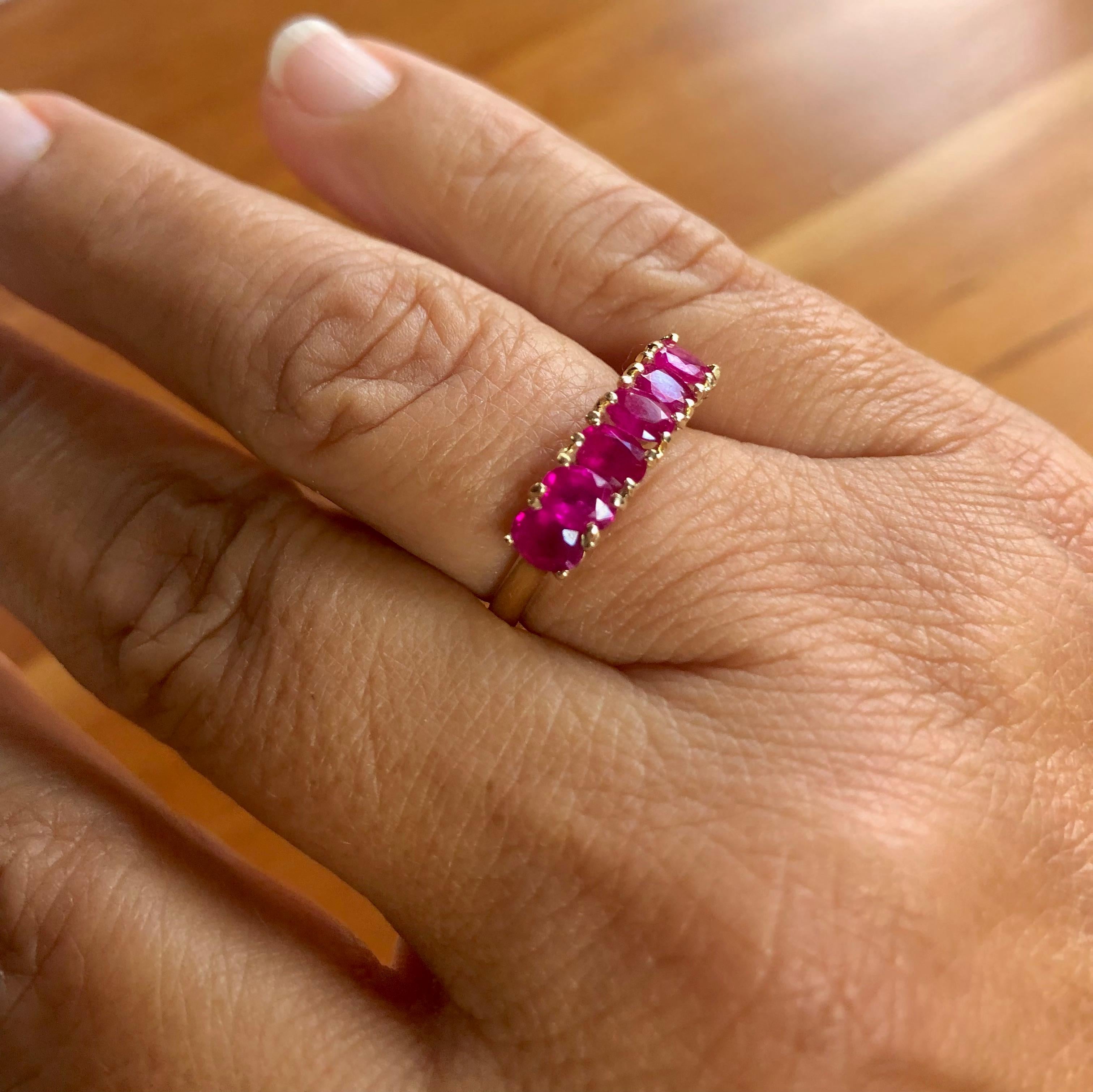 Seven-Stone Burmese Red Ruby Ring Yellow Gold 18K 1