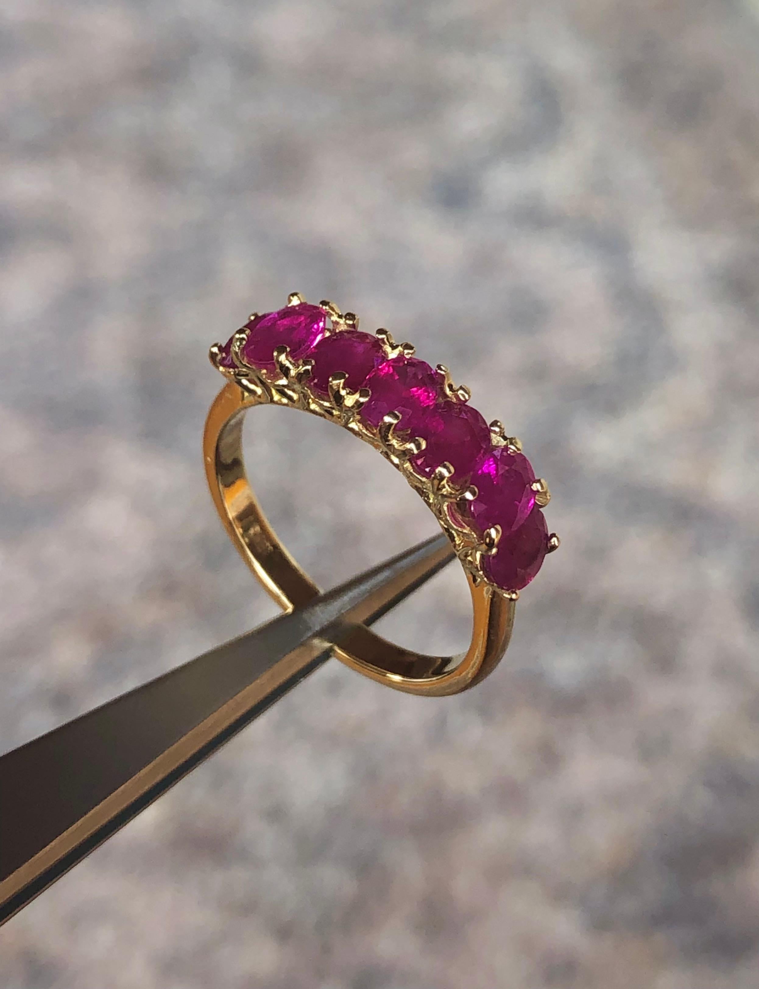 Seven-Stone Burmese Red Ruby Ring Yellow Gold 18K 6