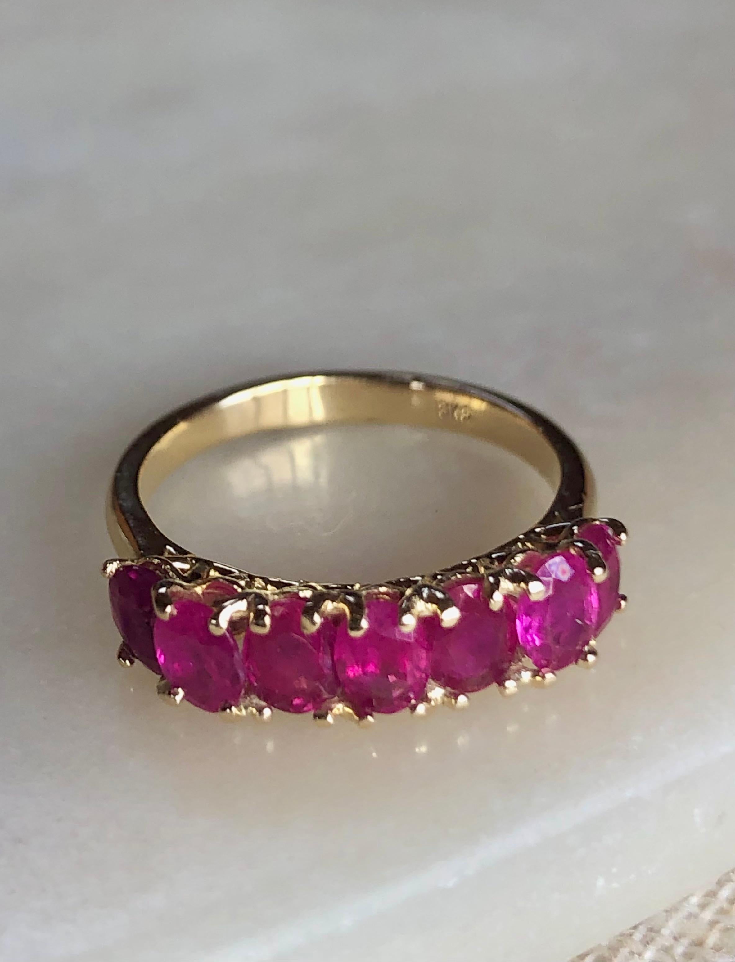 Seven-Stone Burmese Red Ruby Ring Yellow Gold 18K 4