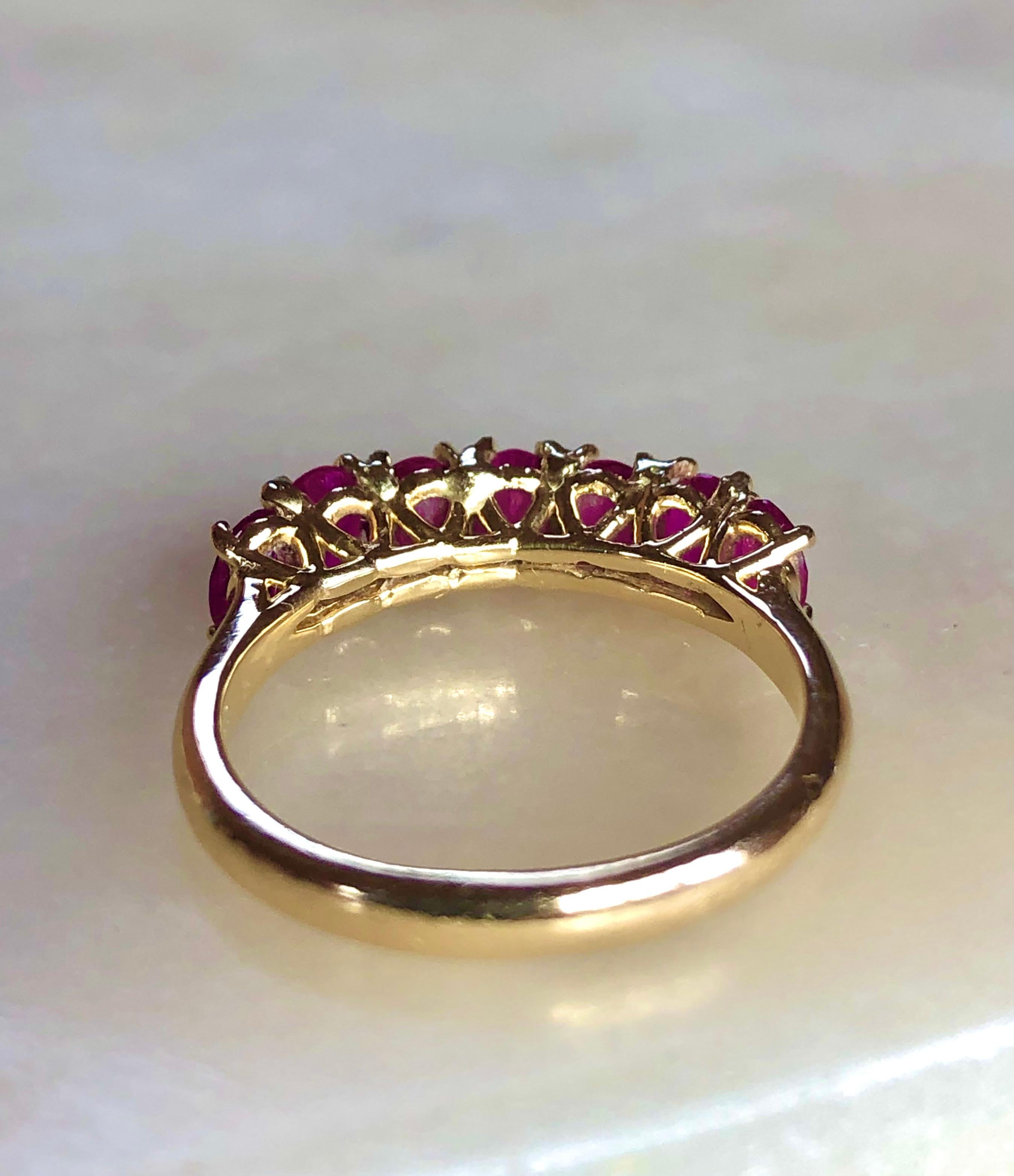 Oval Cut Seven-Stone Burmese Red Ruby Ring Yellow Gold 18K