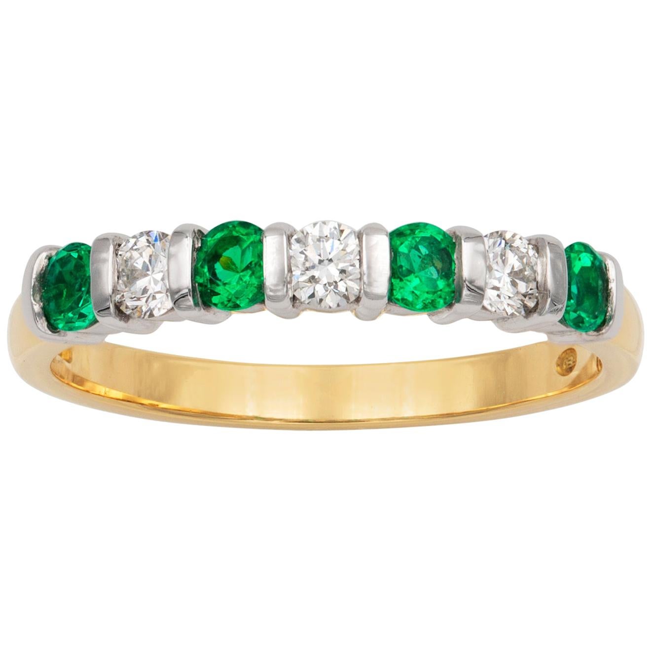 Seven-Stone Diamond and Emerald Ring For Sale