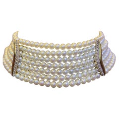 Tour de cou à sept rangs de perles et de diamants