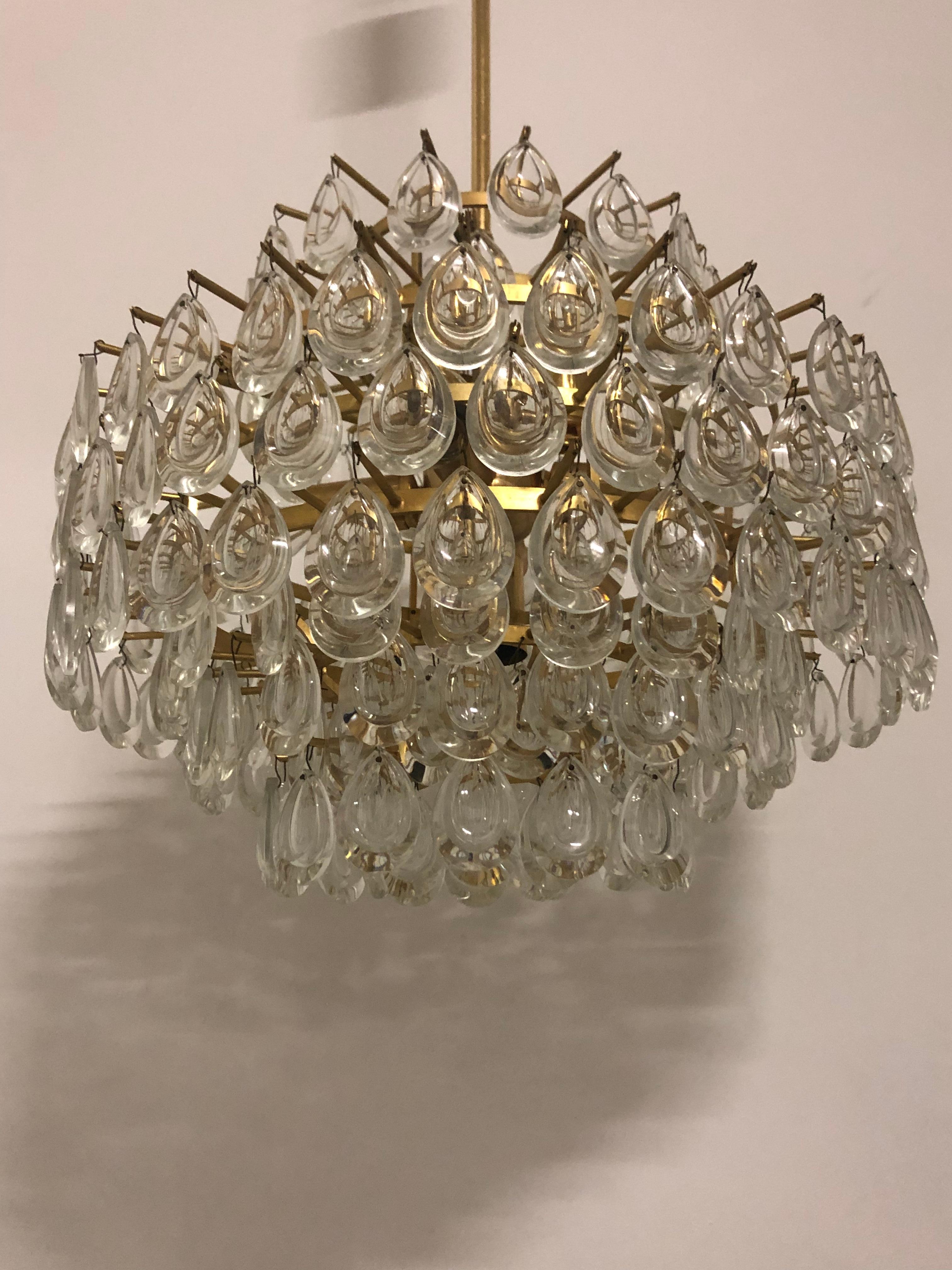 Mid-Century Modern Seven-Tiered Chandelier by Palwa, Git Brass and Lenses Glass, circa 1960s For Sale