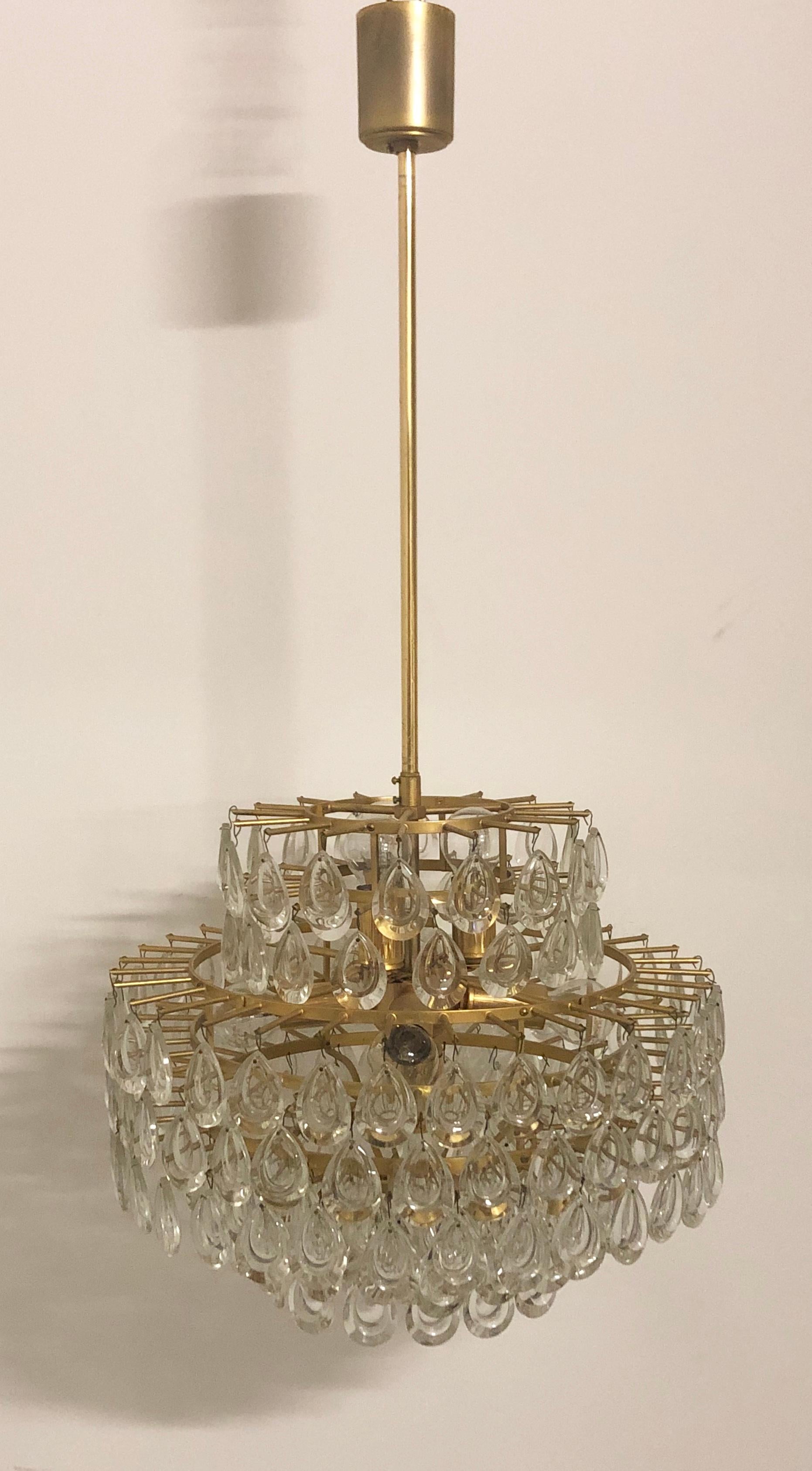Mid-20th Century Seven-Tiered Chandelier by Palwa, Git Brass and Lenses Glass, circa 1960s For Sale