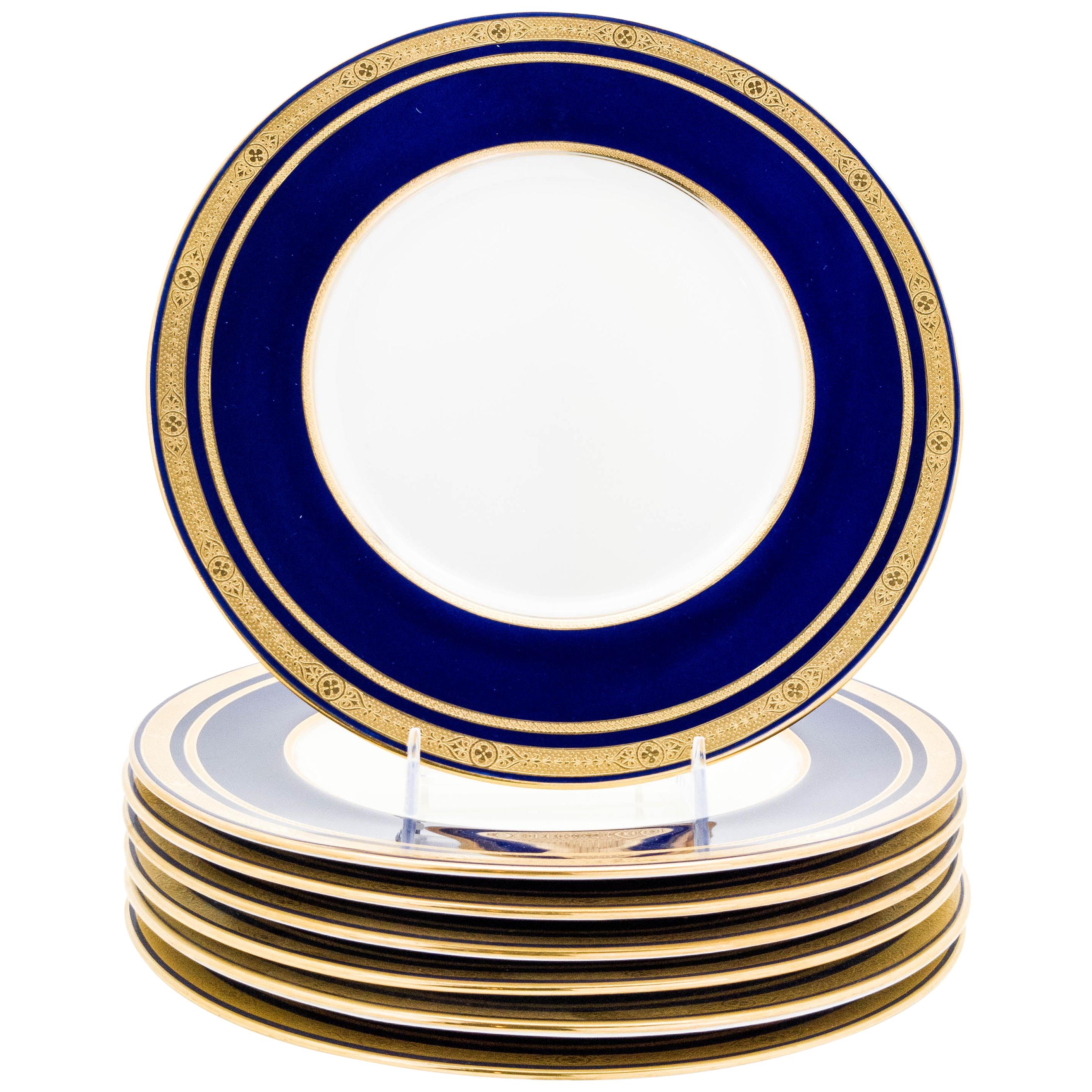 Seven Tiffany Cobalt Blue and Gilt Encrusted Dinner Plates