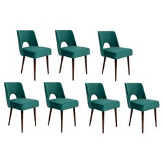 Vintage Seven Velvet 'Shell' Chairs, Dark Green Velvet, Dark Beech Wood, Europe, 1960s