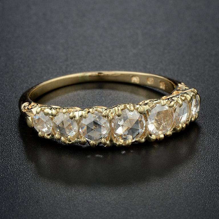 Seven Warm Tone Rose Cut Diamond Classic Victorian Style Band 14K Gold Ring In New Condition For Sale In Oakton, VA