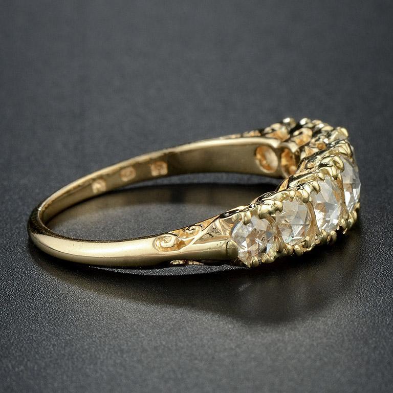 Women's Seven Warm Tone Rose Cut Diamond Classic Victorian Style Band 14K Gold Ring For Sale