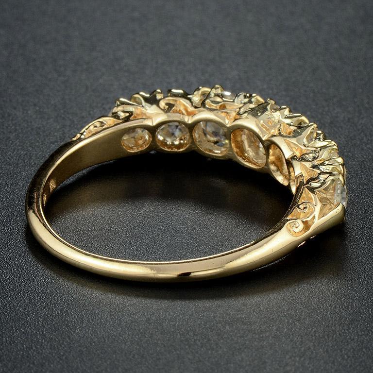 Seven Warm Tone Rose Cut Diamond Classic Victorian Style Band 14K Gold Ring For Sale 1