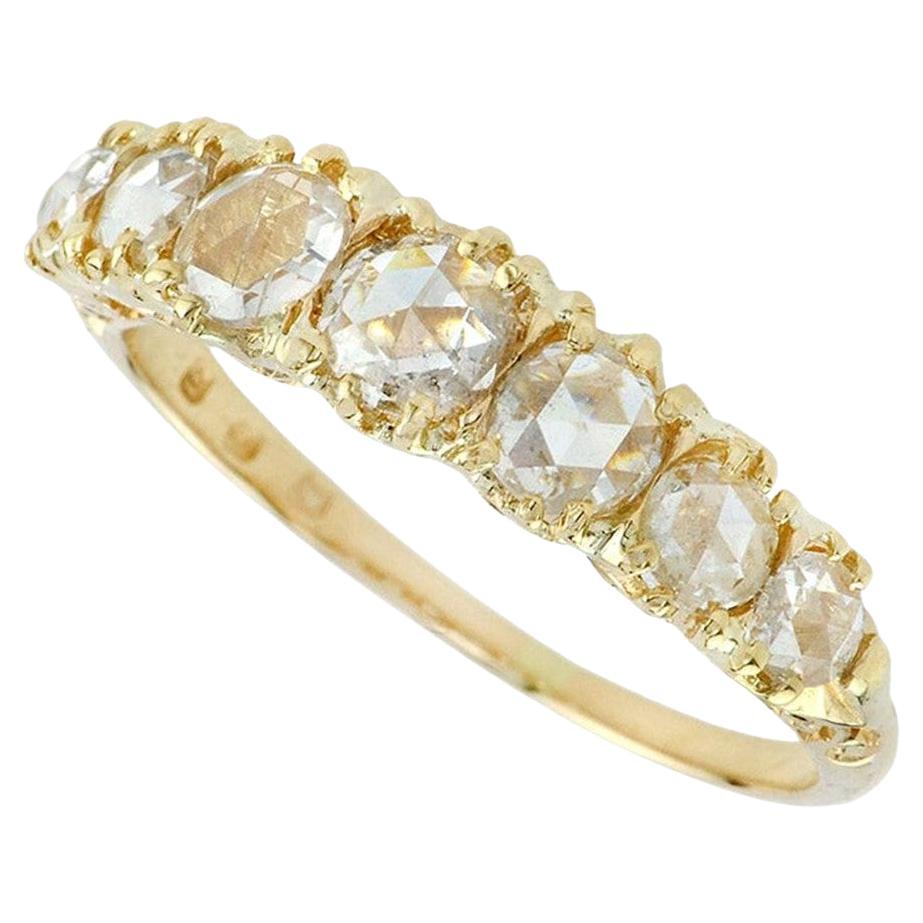Seven Warm Tone Rose Cut Diamond Classic Victorian Style Band 14K Gold Ring For Sale