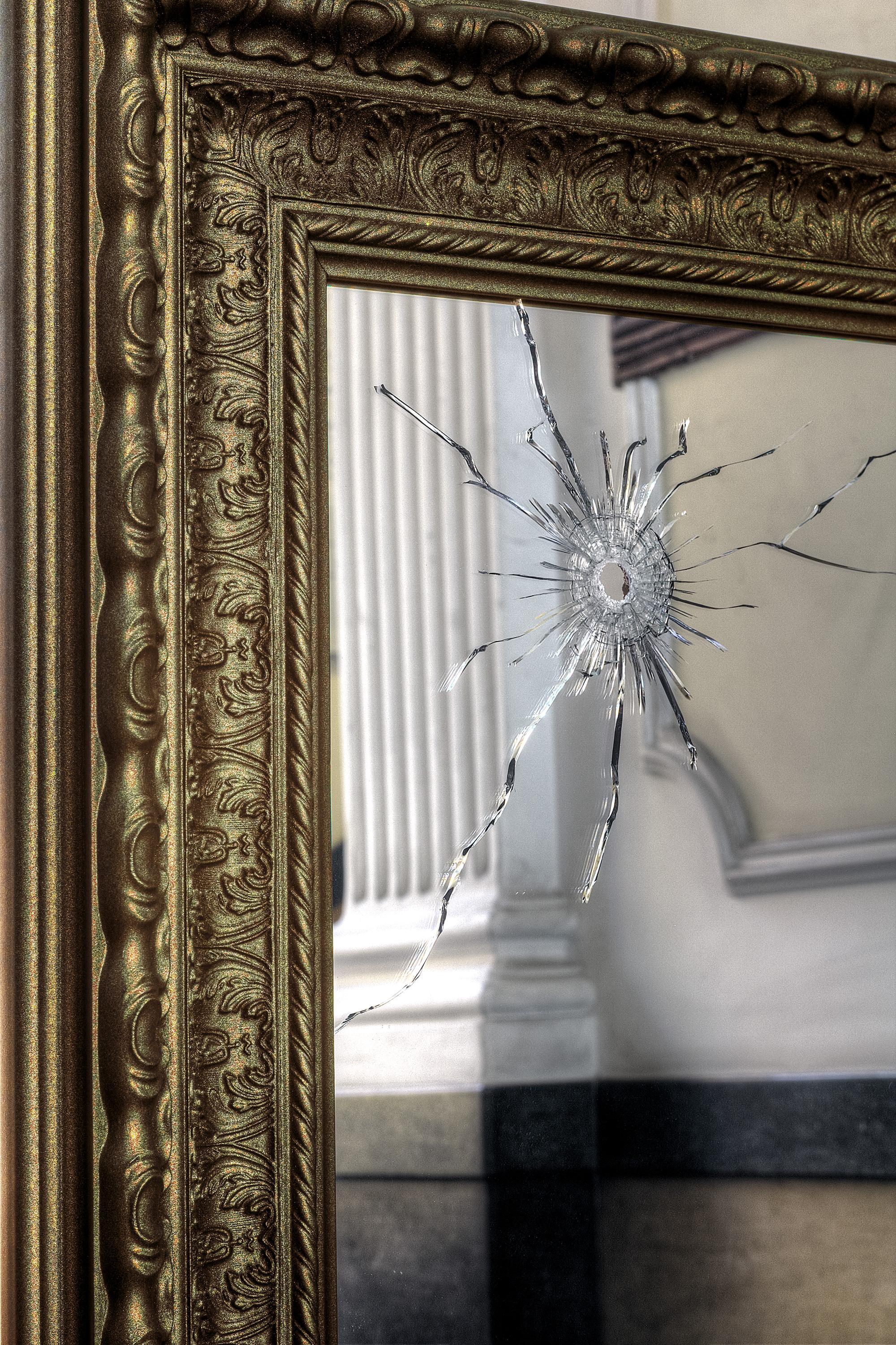 Post-Modern Seven Years Wall Mirror with Gold-Plated Wooden Frame by Barberini & Gunnell For Sale