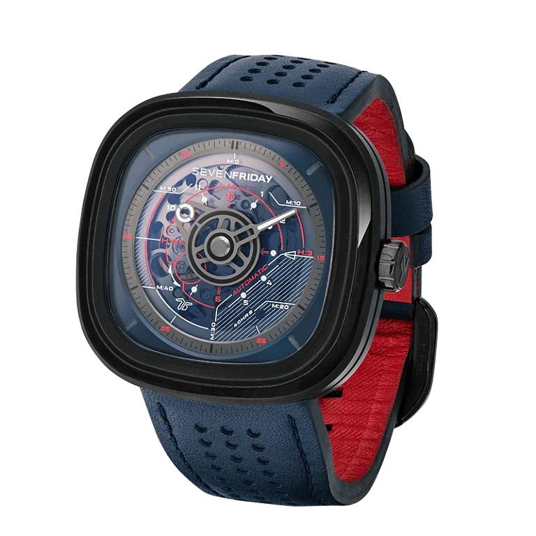 Sevenfriday Automatic Blue Calf Skin Leather Strap Watch T3/03

With its all-black case, the design language of the T3/03 plays with transparency, gradients,  and skeleton movement, resulting in diving into the interface. Part of the T-Series which
