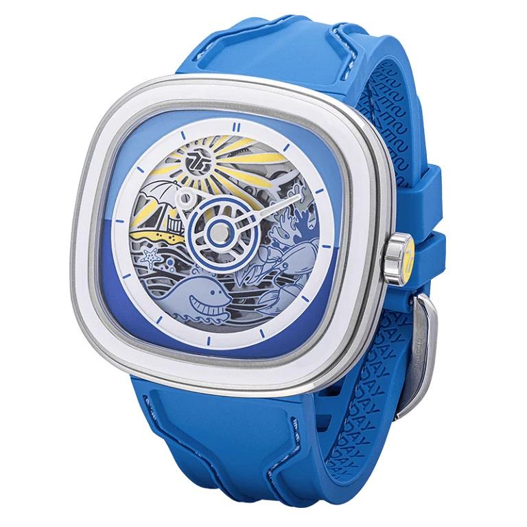 Sevenfriday Beach Club Automatic Blue Soft Rubber Strap Watch T1/09

A positive note after so much doom and gloom. A burst of positivity with colours galore! And that’s exactly what strikes you when picking up the T1/09 – the skeletonized dial