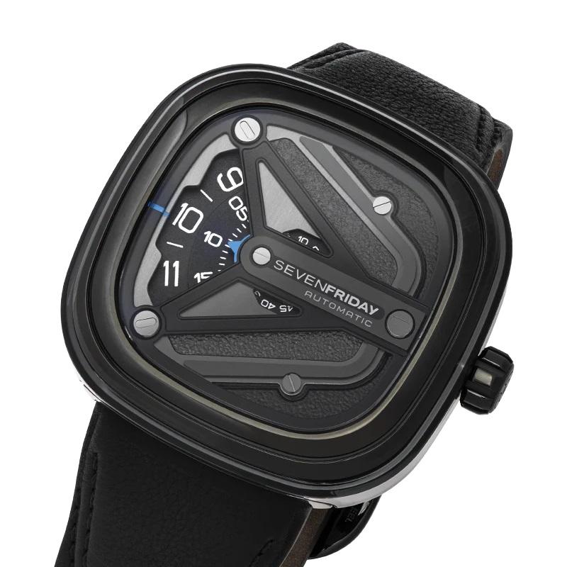 SIZE: 47mm x 47.6mm
CASE: Three pieces, bezel, case (incl. animation ring) and case back with screws with blue time reading pointers
DIAL: 5 layers construction, alternately treated with jet black and gun metal grain stamping. 9 applied
CASEBACK: